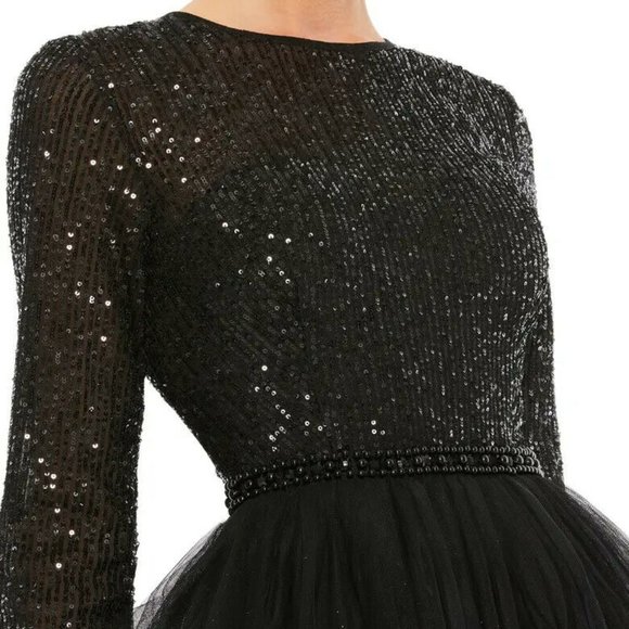 Mac Duggal Black Sequin Tiered Long Sleeve Tulle Dress - Picture 5 of 5